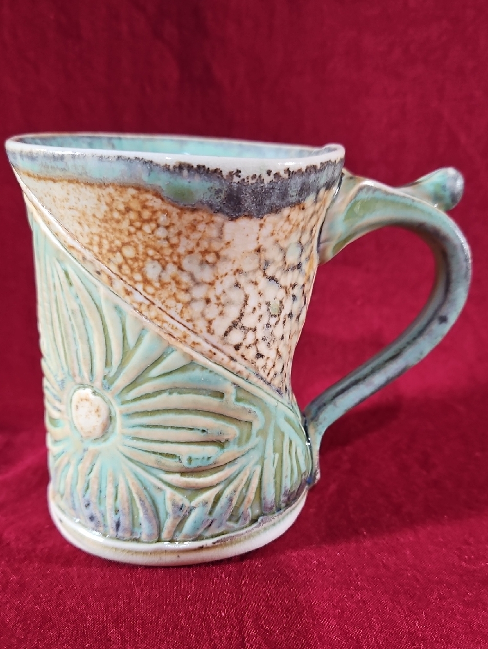 Artisan Signed Handmade Green & Cream Stoneware Sunflower/Daisy Relief Mug